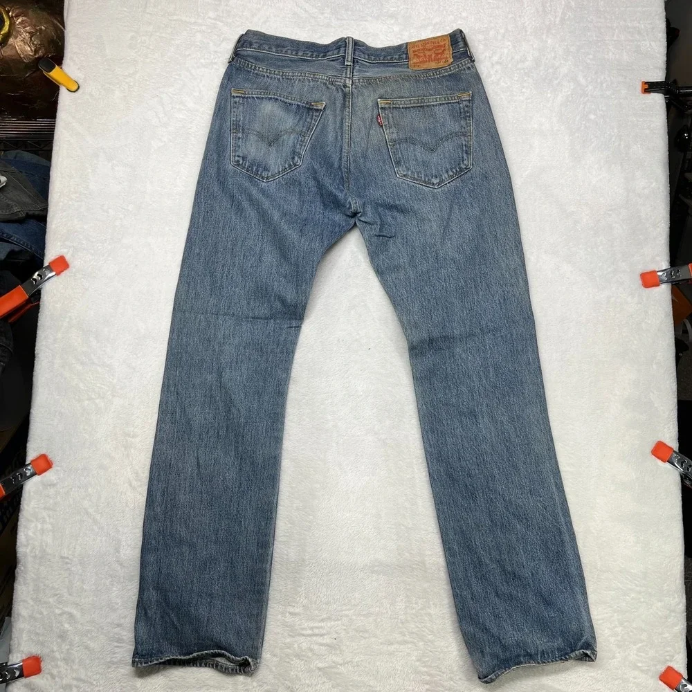 Levi's 501 Jeans Mens Blue Denim Distressed Mid Rise Straight Button Fly 32X32.5